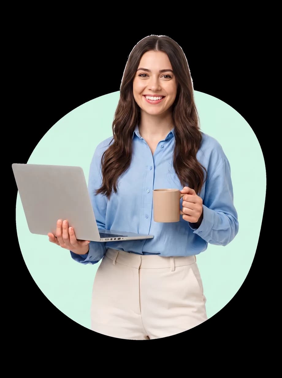 A job seeker holding a laptop and a coffee, ready to apply